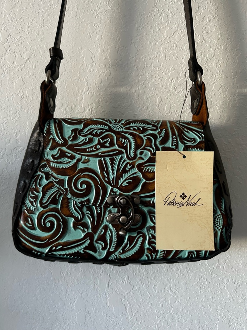 Patricia Nash Turquoise tooled Italian Leather Shoulder Bag